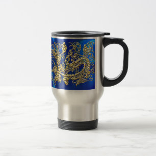 Caneca Térmica Dragão Dourado gravado no cetim azul