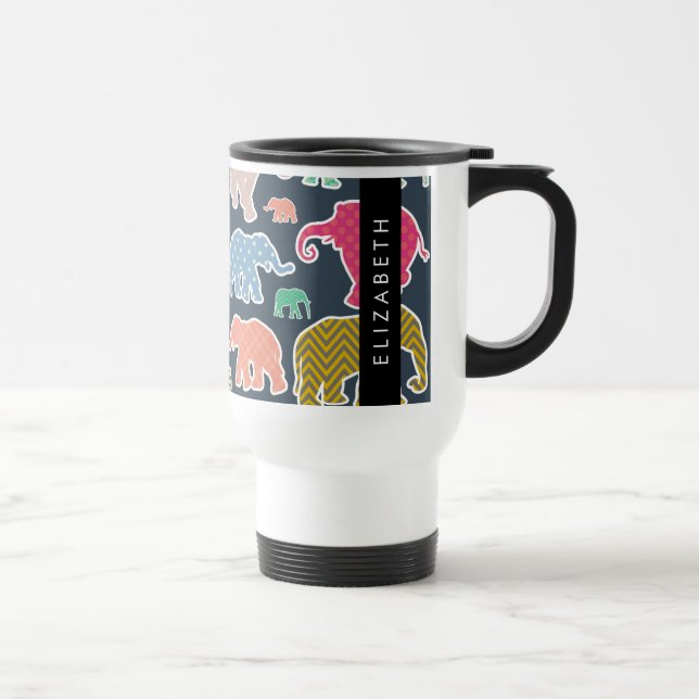 Caneca Térmica Elefantes Coloridos, Padrão Elefante, Seu Nome (Direita)
