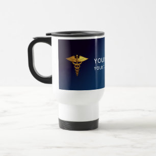 Caneca Térmica Elegante Caduceu de Médico em Ouro e Azul Marinho