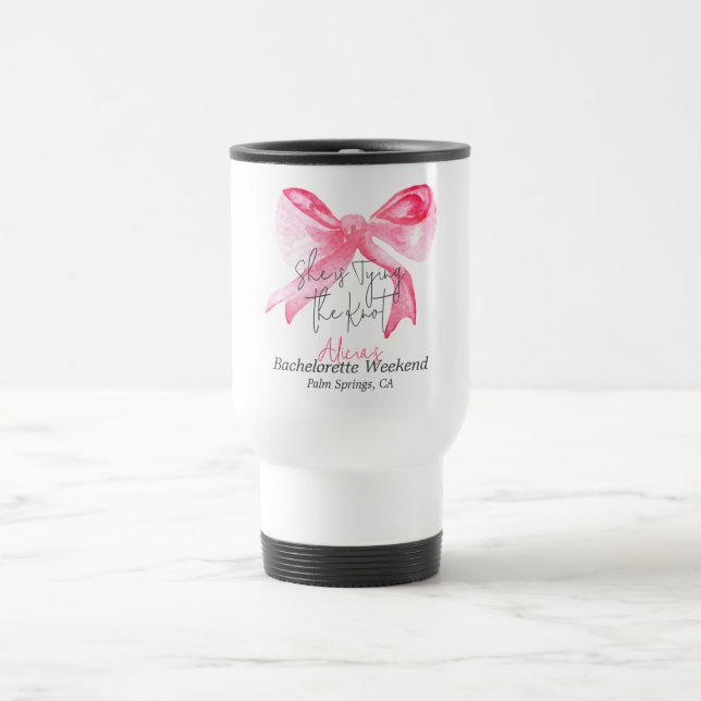 Caneca Térmica Elegante Noivado com Laço Rosa Festa de Despedida  (Centro)