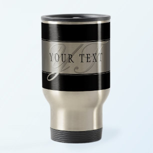 Caneca Térmica Elegante Roteiro de Monograma Editável   Preto