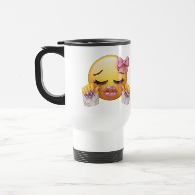 Caneca Térmica Emoji Sassy Enrubescida com Laço Rosa e Unhas Long (Esquerda)
