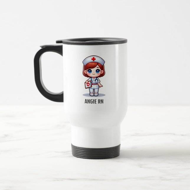 Caneca Térmica Enfermeira de manga bonita com olhos azuis vermelh (Esquerda)