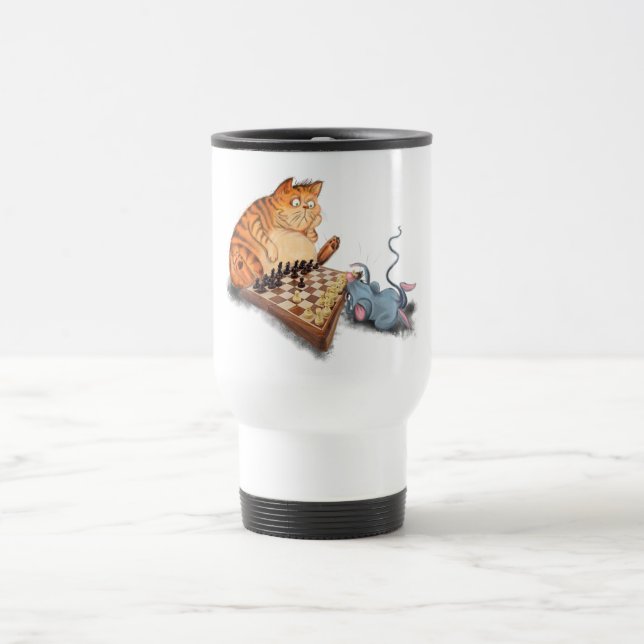 Caneca Térmica Engraçado Viajar Mug com Gato e Rato Jogando Xadre (Centro)