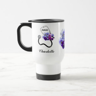 Caneca Térmica Estetoscópio Floral de Pensée Azul Enfermeira Médi