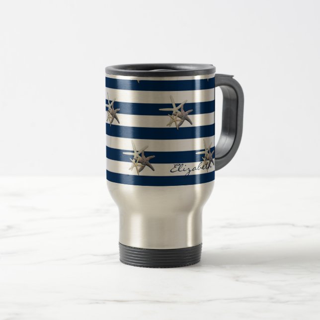 Caneca Térmica Estrela-do-Mar Adorável, Listras Azul-Marinho - Pe (Frente Esquerda)