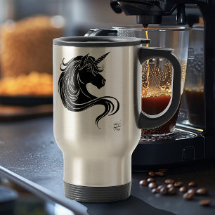 Caneca Térmica Fantasia Unicórnio Tribal Preto Minimalista Branco