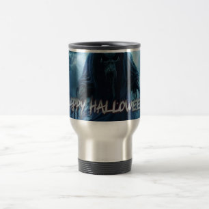 Caneca Térmica Fantasma preto em uma paisagem infernal - Hallowee