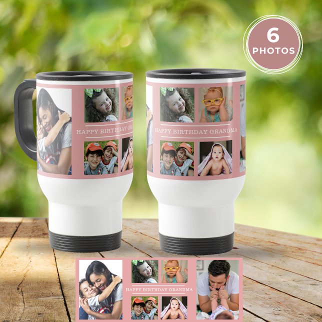 Caneca Térmica Feliz Aniversário Personalizado Vovó 6 Colagem de  (Custom Happy Birthday Grandma 6 Photo Collage Pink Travel Mug
)