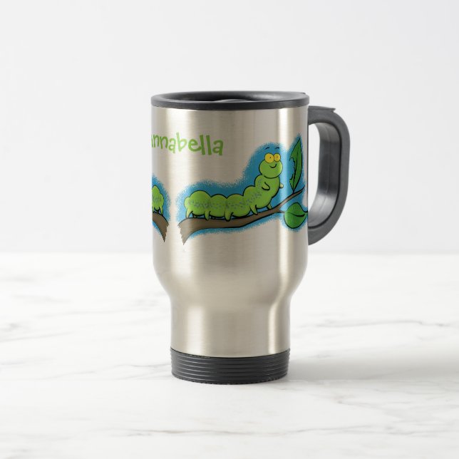 Caneca Térmica Feliz desenho de cartoon verde da lagarta (Frente Esquerda)
