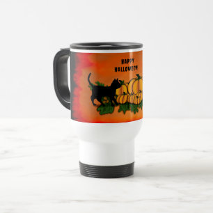 Caneca Térmica Feliz Dia das Bruxas, Gato Negro, Bat e Abóbora