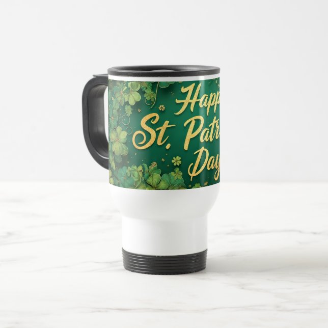 Caneca Térmica Feliz Dia de São Patrício com Design de Trevo (Frente Esquerda)