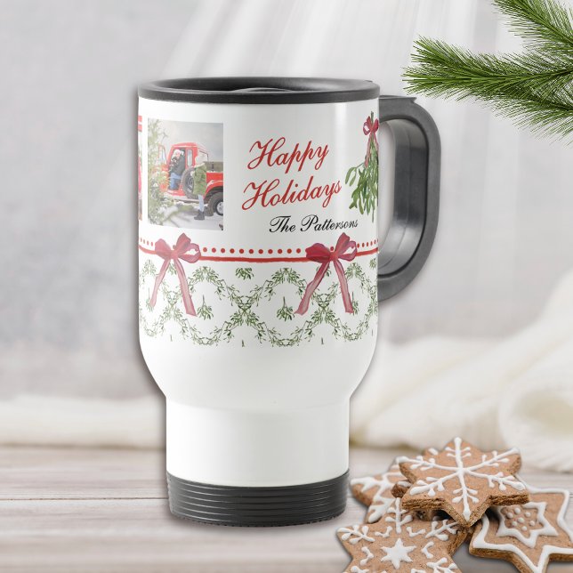 Caneca Térmica Feliz Natal Mistletoe Foto da Família do Arco Verm (Criador carregado)