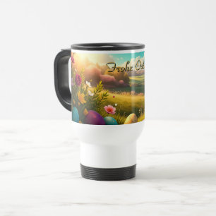 Caneca Térmica Feliz Páscoa em uma paisagem de primavera