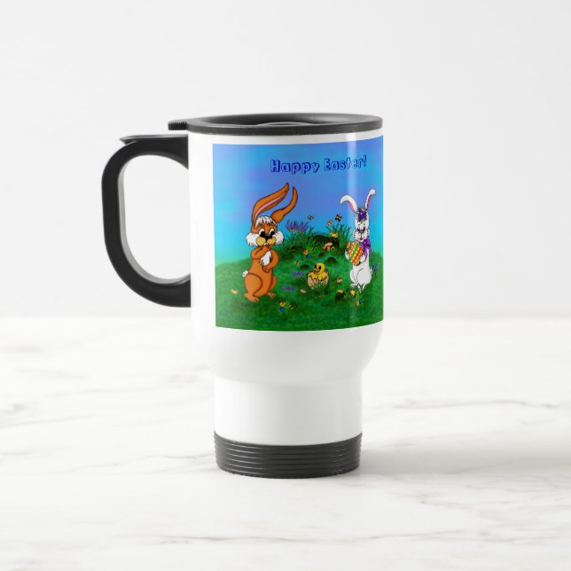 Caneca Térmica Felz pascoa! Coelho com coelho e Pintinho (Esquerda)