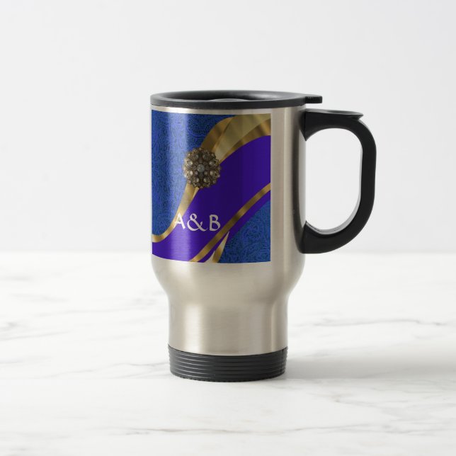 Caneca Térmica Fita azul de damasco e dourado (Direita)
