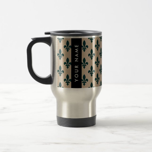 Caneca Térmica Fleur de Lis, Verde sobre Bege, Real, Seu Nome (Esquerda)