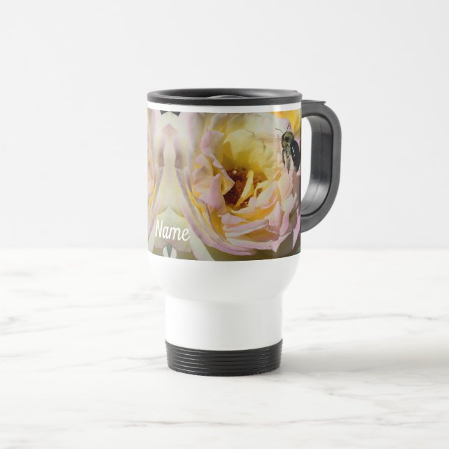 Caneca Térmica Flor De Abelhas E Rosa Personalizada (Frente Esquerda)