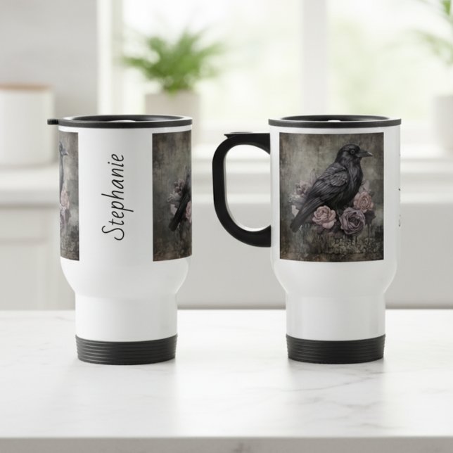 Caneca Térmica Floral Academia Sombria Corvo Gótico (Personalized vintage raven with roses travel mug)