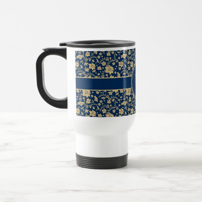 Caneca Térmica Floral de Marinho Dourado Personalizado (Esquerda)