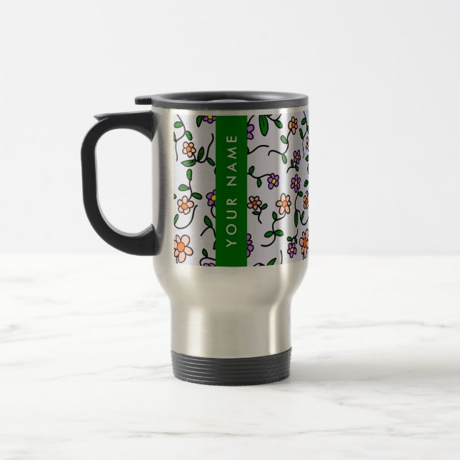 Caneca Térmica Flores Coloridas, Fundo Azul, Verde (Esquerda)