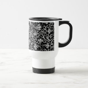 Caneca Térmica Flores dalmacianas negras, brancas, design de fund