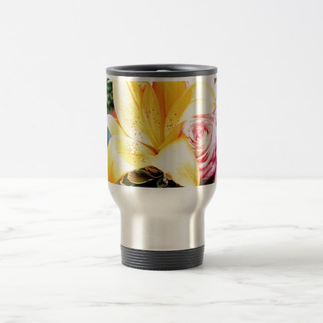 Caneca Térmica flores de casamento laranja rosa estrela lírio ros (Centro)