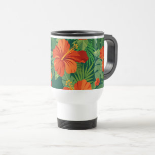 Caneca Térmica Flores de Hibisco Vermelho Laranja Verde Folhagem