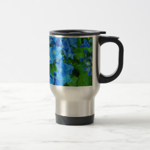 Caneca Térmica Flores de hortênsia azul. Fotografia floral.