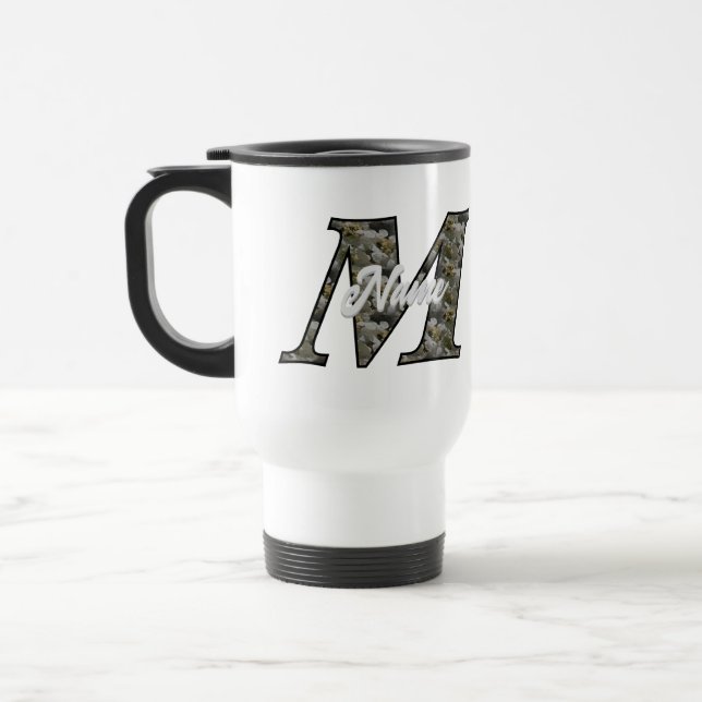 Caneca Térmica Flores de Hortênsia com Inicial M de Monograma Per (Esquerda)