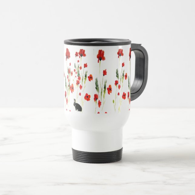 Caneca Térmica Flores De Papoila Coelho Floral (Frente Esquerda)