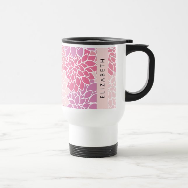 Caneca Térmica Flores Rosa Dahlia, Padrão De Flores, Seu Nome (Direita)