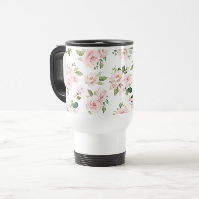 Caneca Térmica Flores Rosa, Rosas Rosa, Flores De Aquarelas (Frente Esquerda)