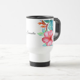 Caneca Térmica Flores Tropicais De Cores Aquáticas Personalizadas