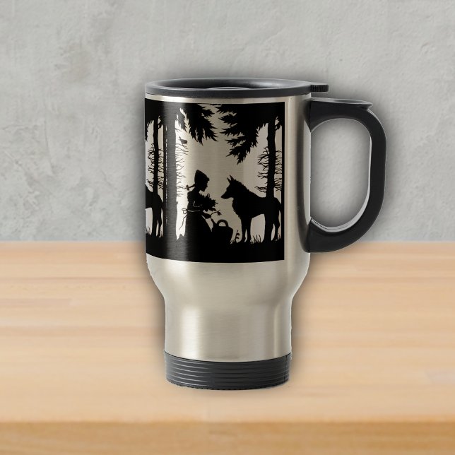 Caneca Térmica Florestas de Lobo de Capuchos Vermelho-Silhueta Pr (Black Silhouette LIttle Red Riding Hood in Woods with wolf on travel drink mug.)