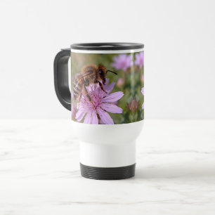 Caneca Térmica Foto de Abelha Melífera em Flor Silvestre Roxa