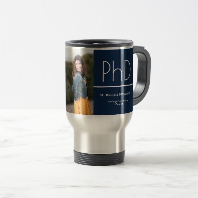Caneca Térmica Foto de Graduação de Branco Azul PhD (Frente Esquerda)