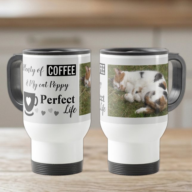 Caneca Térmica Foto perfeita de gato preto e cinza com café (Criador carregado)
