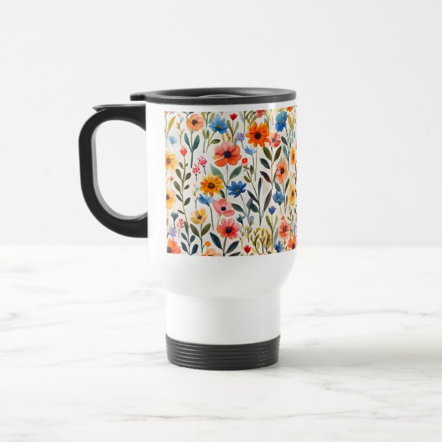 Caneca Térmica Fundo de Flores Silvestres de Primavera em Aquarel (Esquerda)