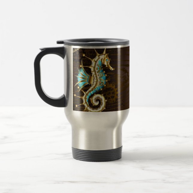 Caneca Térmica Fundo de madeira com cavalo de mar mecânico (Esquerda)