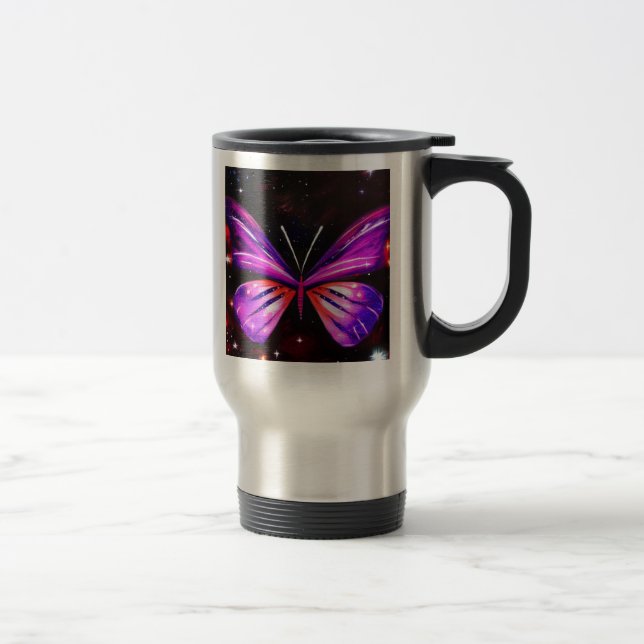 Caneca Térmica Fundo Preto com uma borboleta roxa viagem  (Direita)