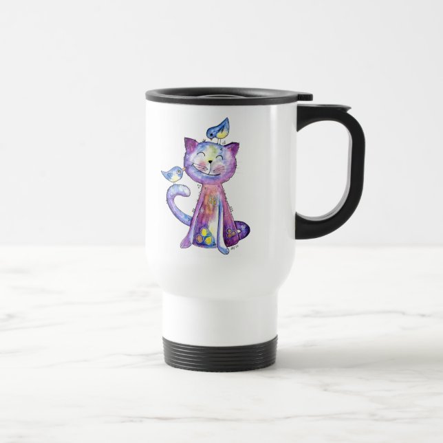 Caneca Térmica Gato Branco e Roxo Cugado com Aves (Direita)