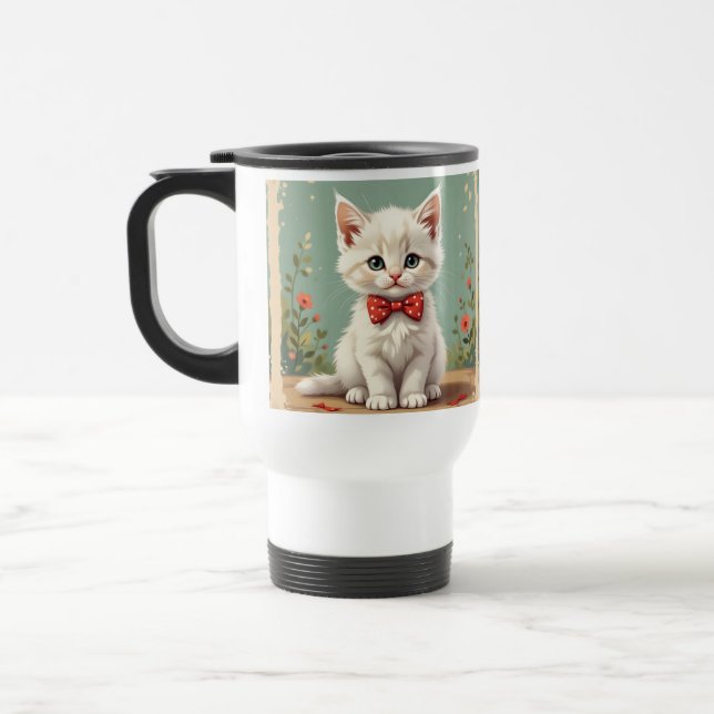 Caneca Térmica Gato branco fofo e adorável com gravata borboleta (Esquerda)