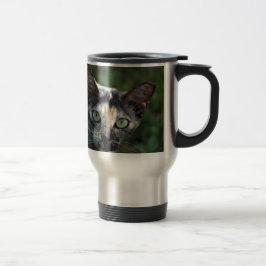 Caneca Térmica Gato Cinza Marrom Branco com Olhos Verdes