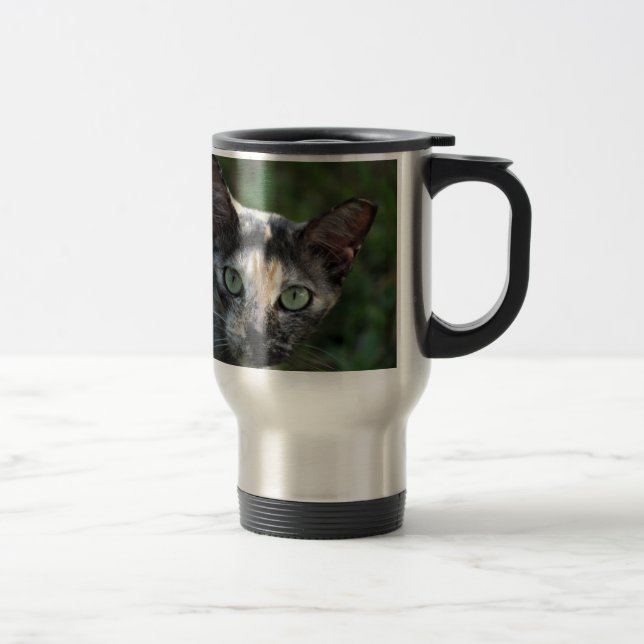 Caneca Térmica Gato Cinza Marrom Branco com Olhos Verdes (Direita)