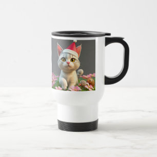 Caneca Térmica Gato de Cartoon Festivo com Santa Hat Entre Flores