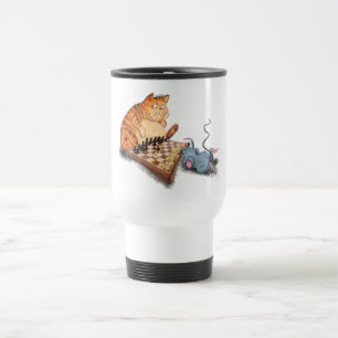 Caneca Térmica Gato e Rato Tocando Cartoon de Xadrez Engraçando 