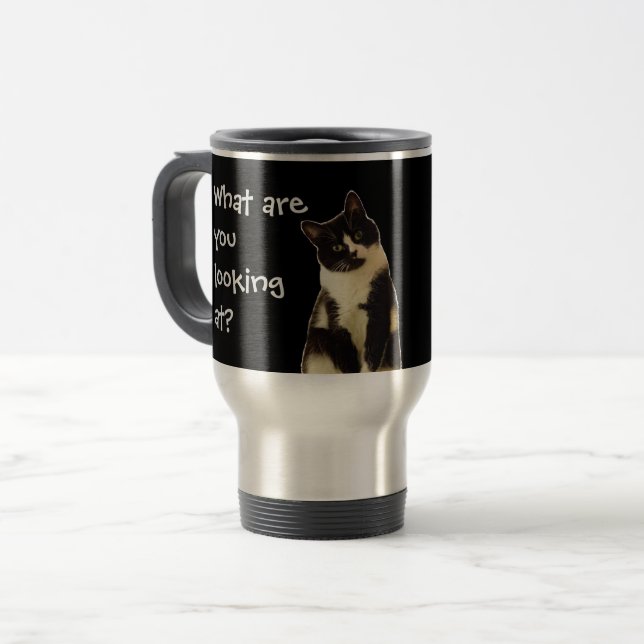 Caneca Térmica Gato Engraçado "O que você está olhando!" (Frente Esquerda)
