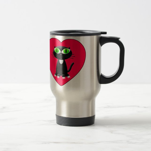 Caneca Térmica Gato Negro Em Coração Vermelho (Direita)
