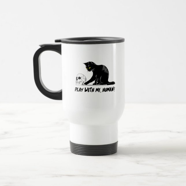 Caneca Térmica Gato Preto Com Caveira Brincando Comigo Cansado (Esquerda)